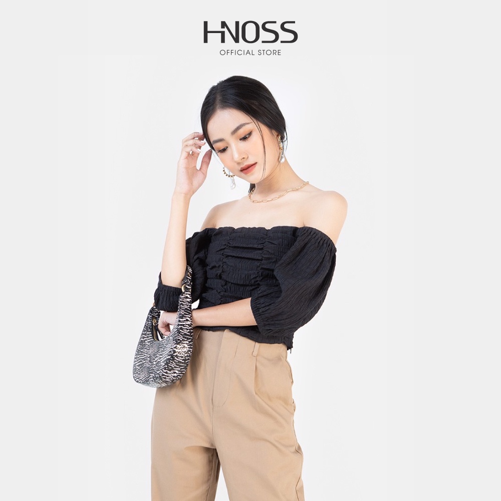 Áo croptop nữ tay ngắn HNOSS thiết kế trễ vai tay phồng AKI021