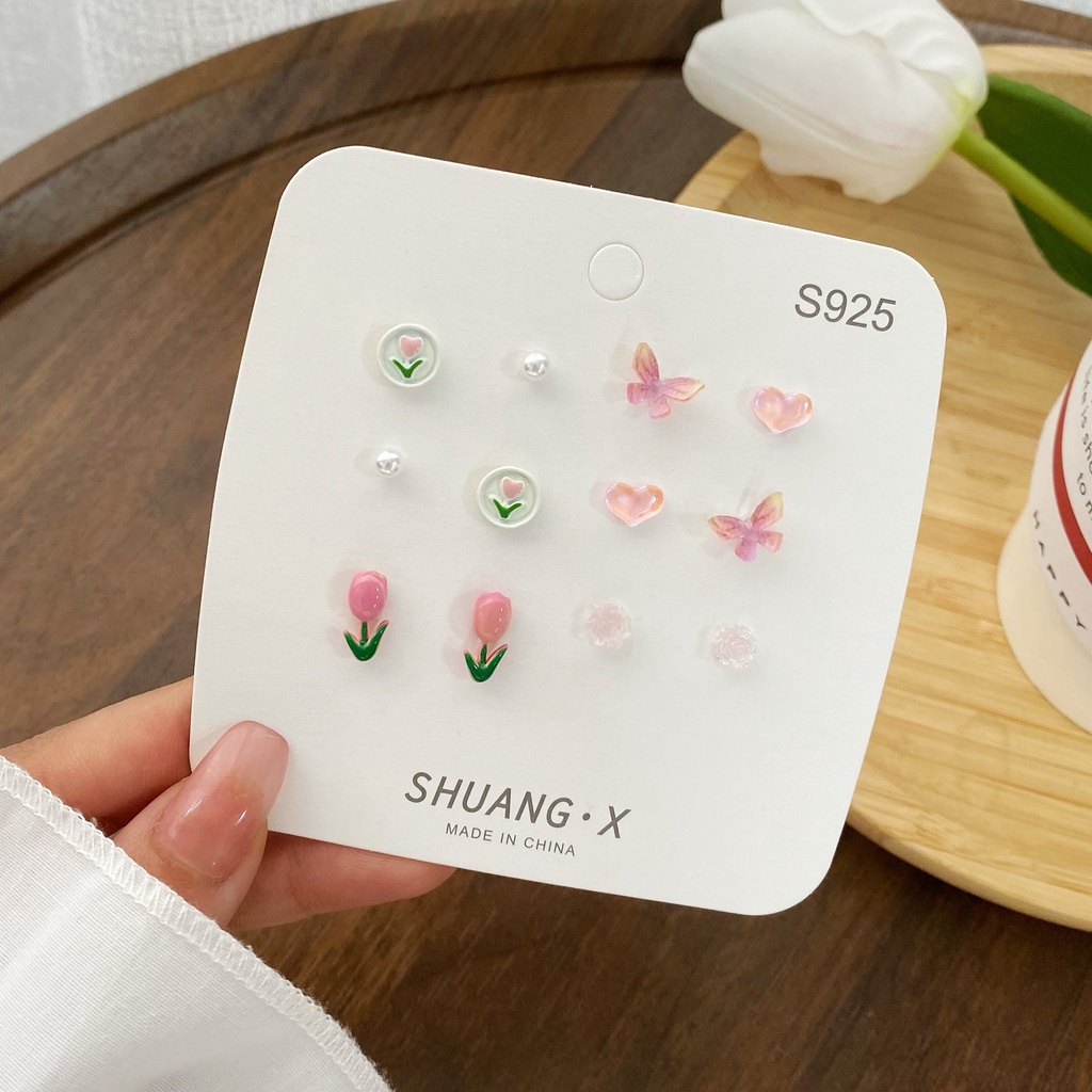 iF YOU Set 6 đôi khuyên tai   kiểu hoa tulip phong cách Hàn Quốc cổ điển dành cho nữ