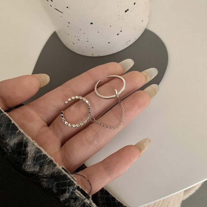 Nhẫn hở hai lớp mặt hình chữ thập phối dây xích đính đá thời trang dành cho bạn nữ