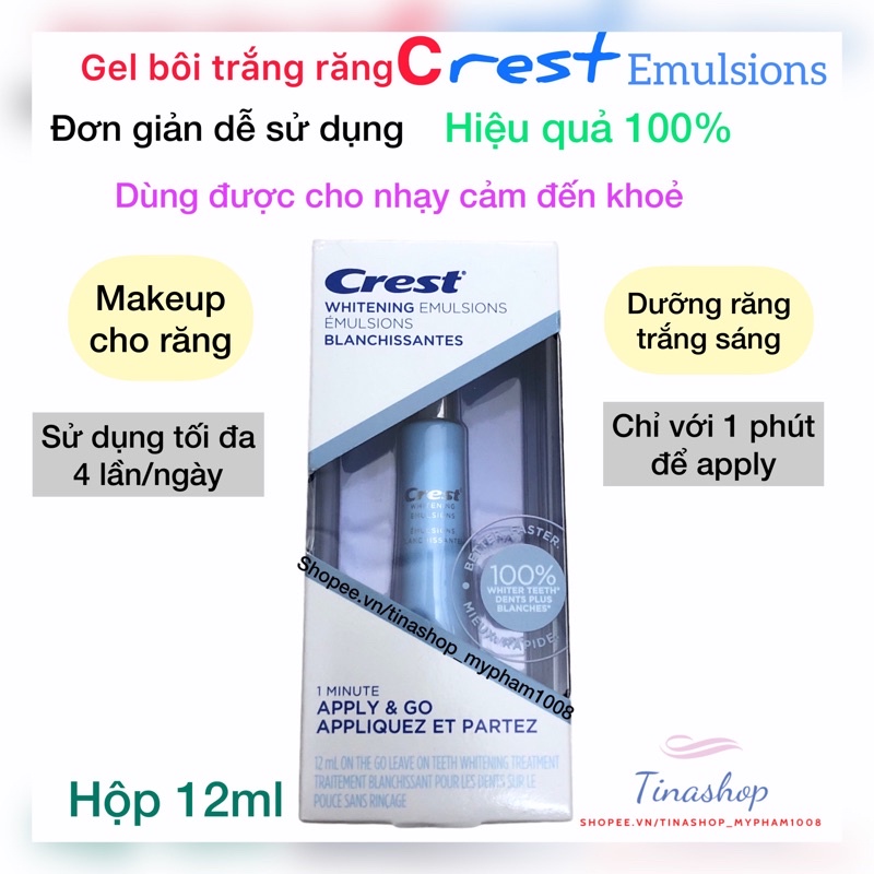 [Hot new] Gel tẩy trắng răng dưỡng răng trắng sáng Crest Emulsions tuyp 12ml