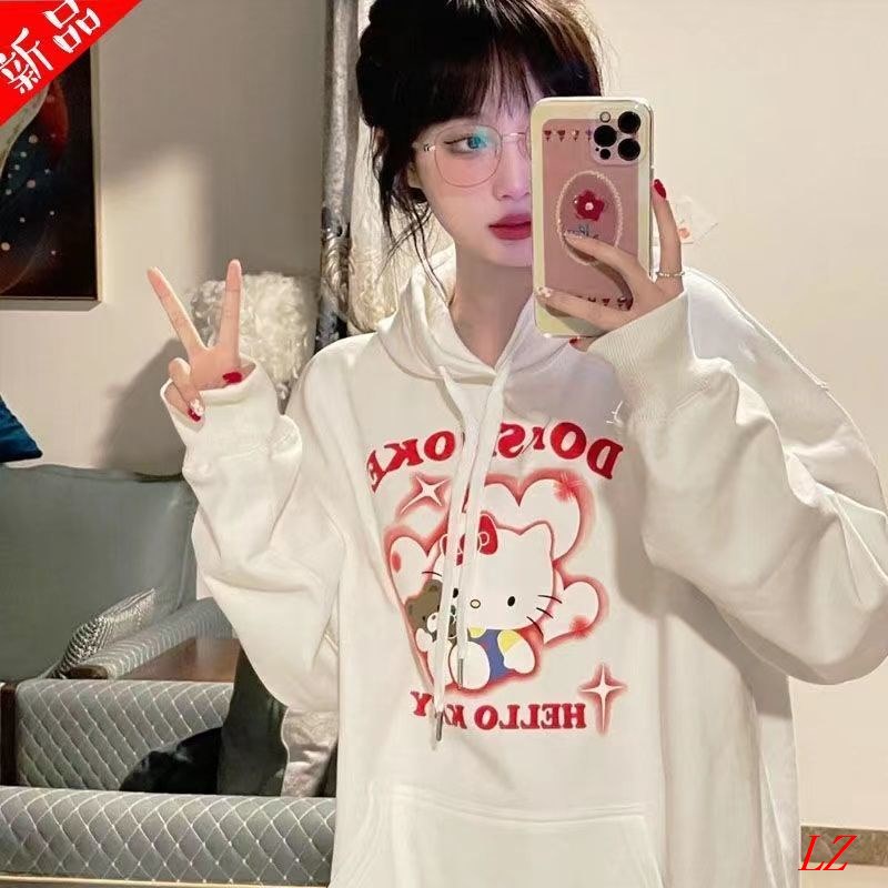 Áo Hoodie Vải Nhung Dày Dáng Rộng In Hình Hello Kitty vibe Kiểu Hàn Quốc Dễ Phối Đồ