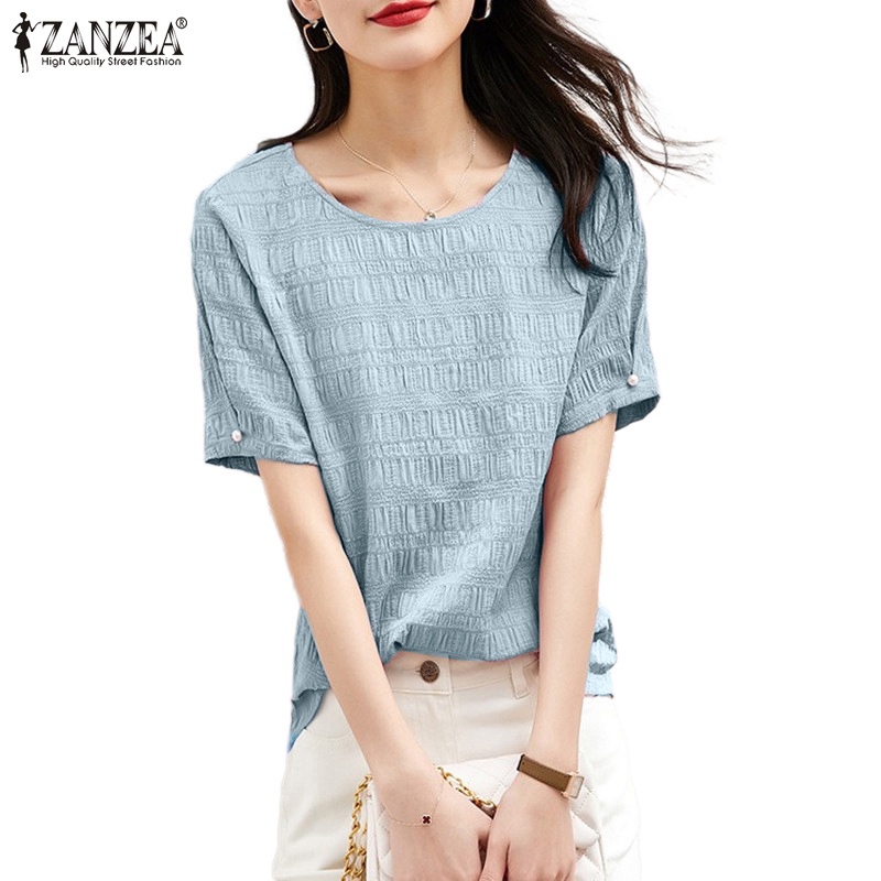 Áo kiểu ZANZEA tay ngắn cổ tròn xếp ly thời trang dành cho nữ