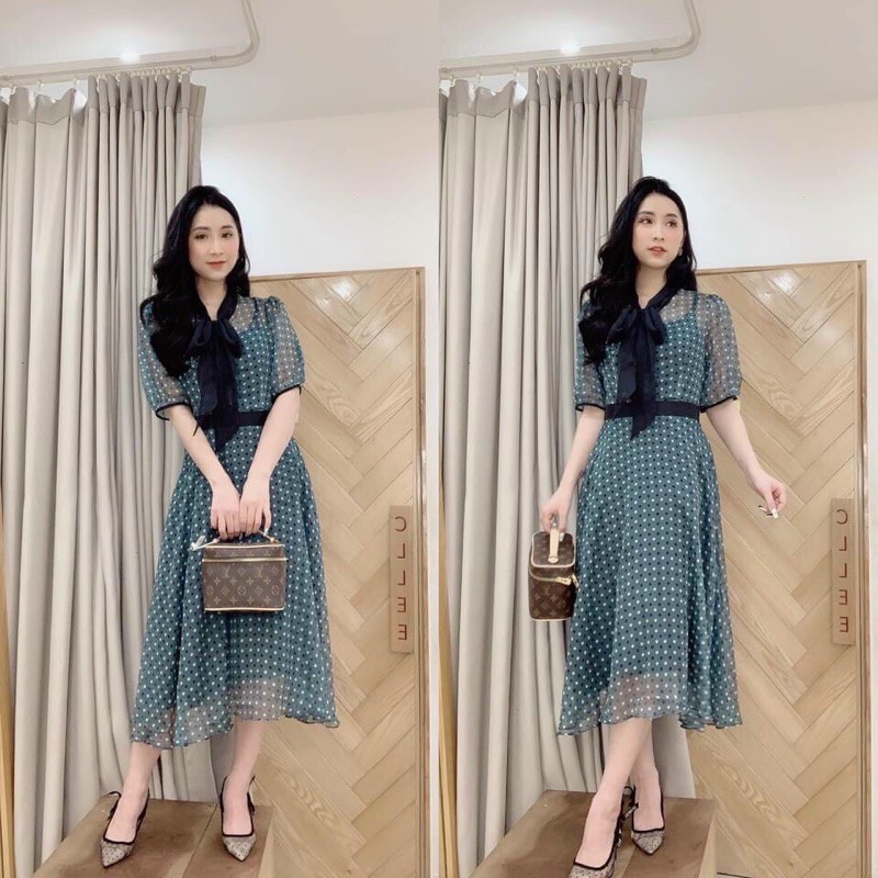 BÁN SỈ VÁY VOAN TƠ CHẤM BI MÀU XANH CHO NỮ