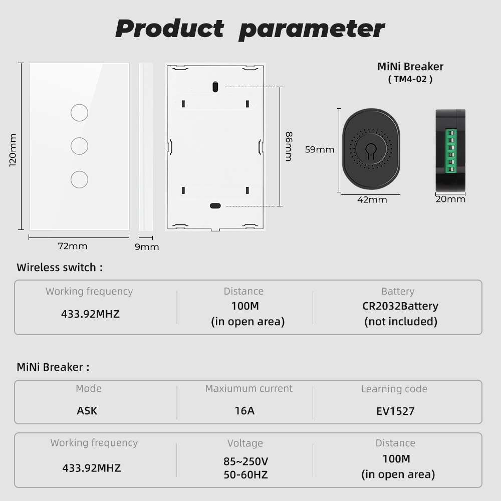 Bộ remote công tắc đèn tường SMATRUL không dây US 16A chạm 2 chiều RF 433Mhz thông minh môđun 1/2/3 nhóm 110V 220V