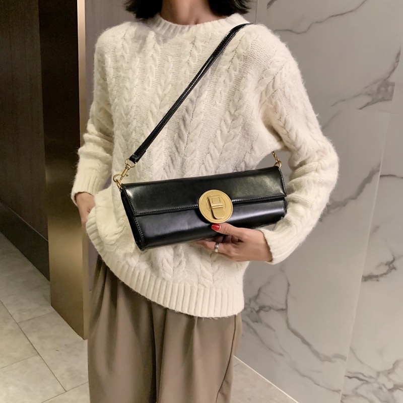 IELGY Túi Đeo Vai Màu Đen Có Khóa Phong Cách Pháp Thời Trang Cho Nữ