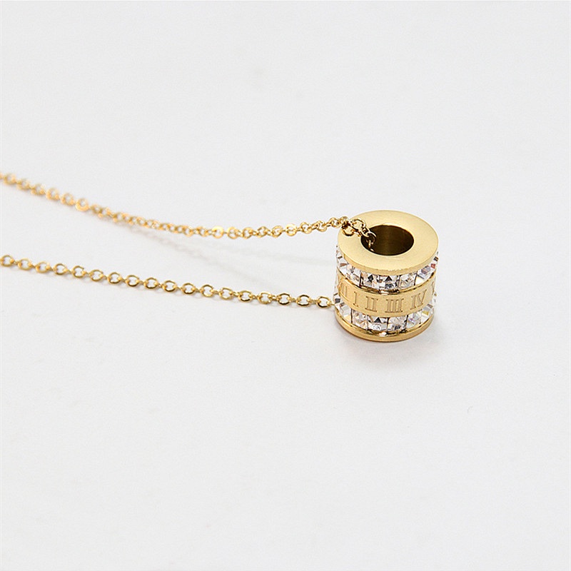 Vòng cổ titan nữ không gỉ mạ vàng 18k thiết kế khắc số la mã đính đá thời trang đơn giản