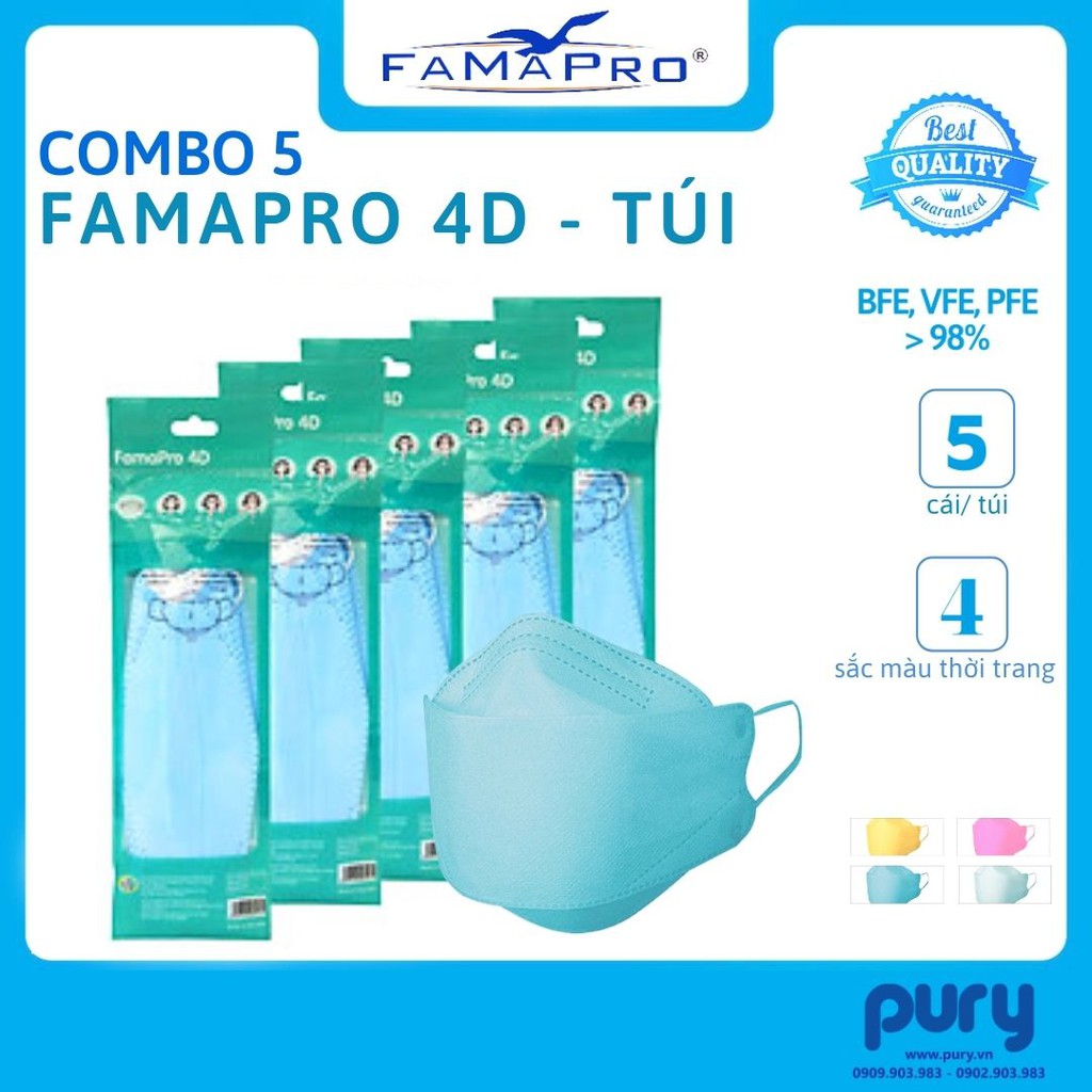 [TÚI-5 CÁI] - Khẩu trang y tế cao cấp kháng khuẩn 3 lớp Famapro 4D