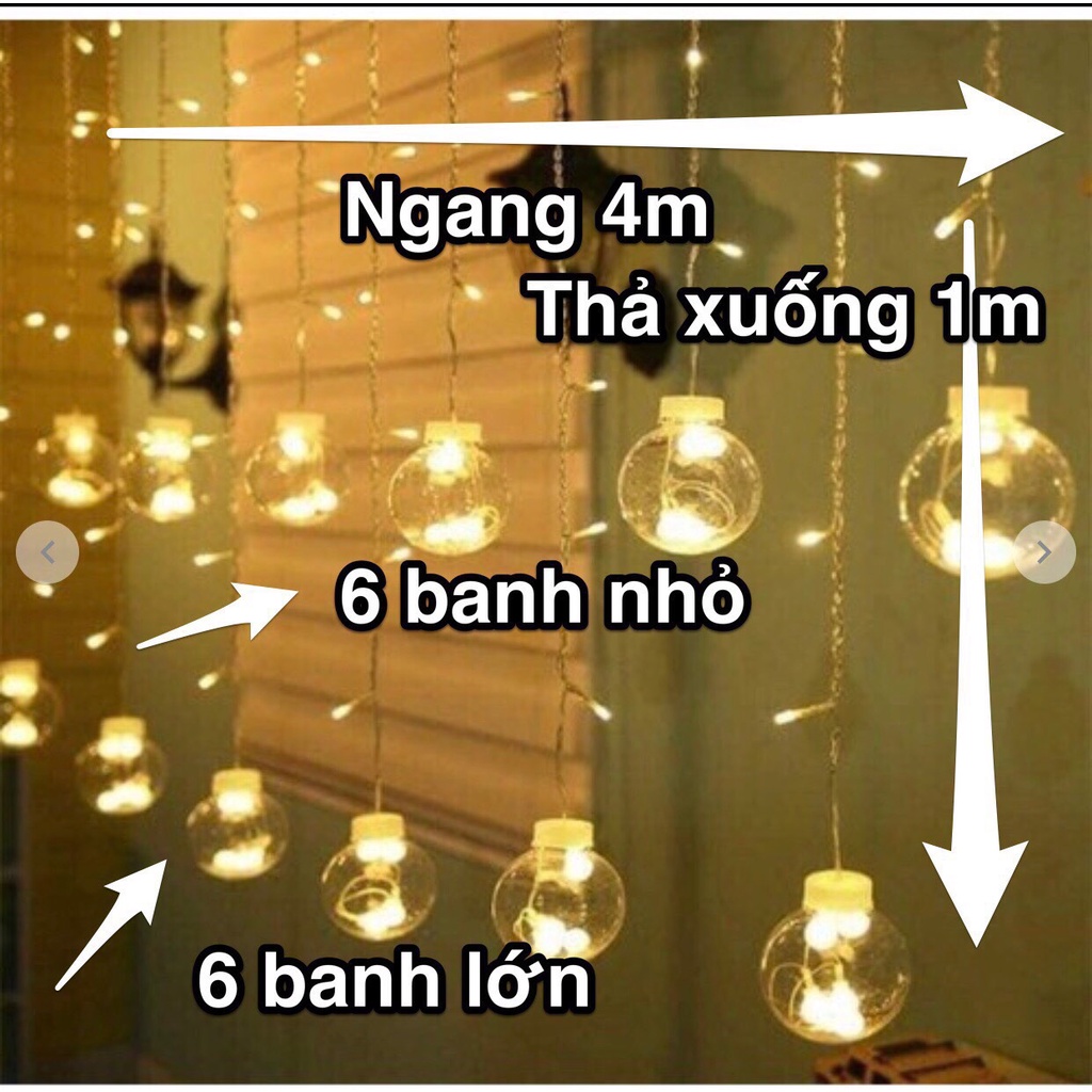 Đèn Rèm bóng banh trang trí decor phòng, ngang dài 4m thả 12 bóng tròn, Dây đèn LED trang trí Noel Tết