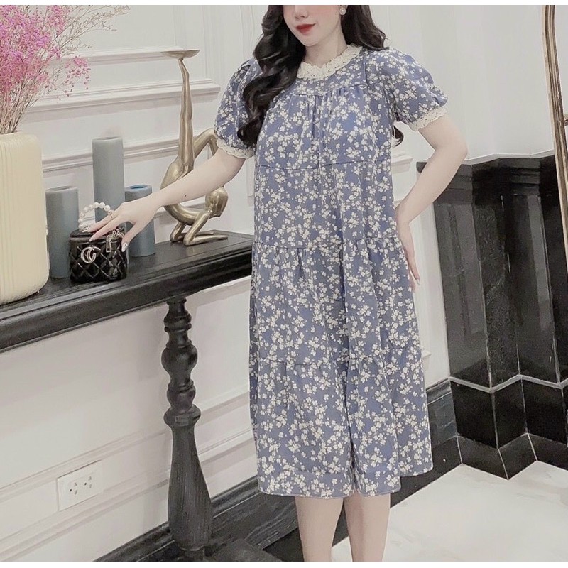 đầm bầu bigsize,đầm hoa nhí pha ren cổ và tay, kèm đai vải