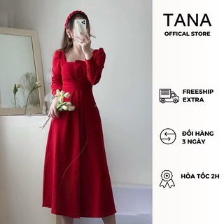 Đầm dự tiệc TANA D0290D đầm đỏ suông xếp ly sò ngực phù hợp mặc trong dịp cưới hỏi, lễ tết