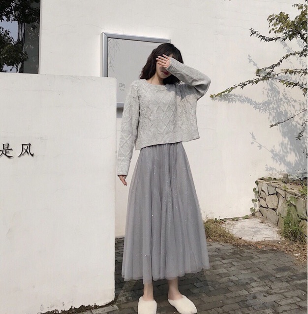 Set áo len chân váy tuyn