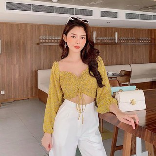 Áo crop nhún thun rút dây dễ kết hợp trang phục