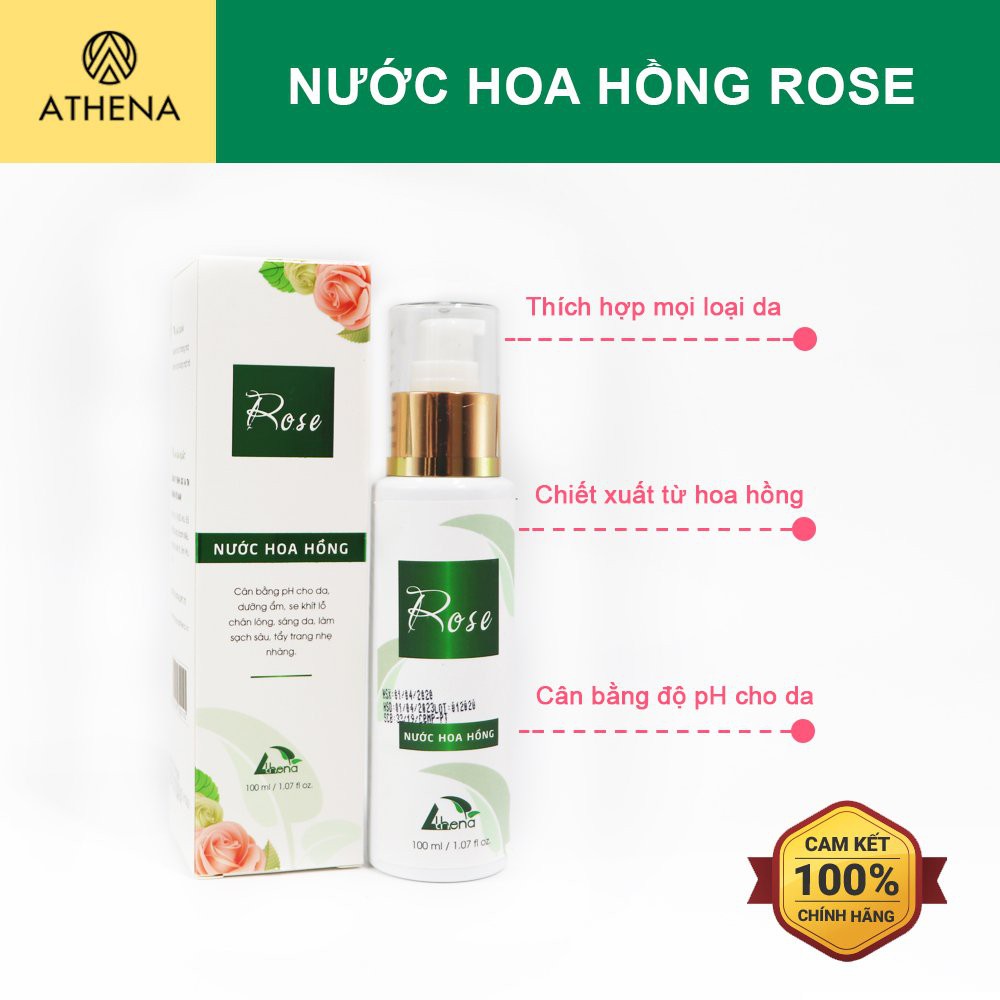 [SP CHÍNH HÃNG] Nước Hoa Hồng Rose ATHENA Cân Bằng Ẩm, Làm Sạch Sâu Và Tẩy Trang Nhẹ Nhàng (100ml)