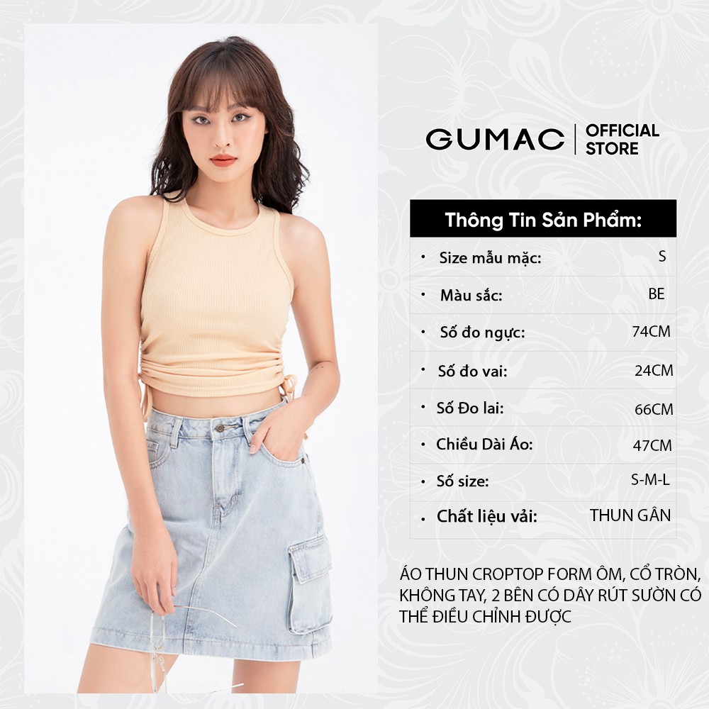 [Mã WABRGB11 giảm 10% đơn từ 250k] Áo thun nữ sát nách rút sườn GUMAC màu be cá tính ATB637 | BigBuy360 - bigbuy360.vn