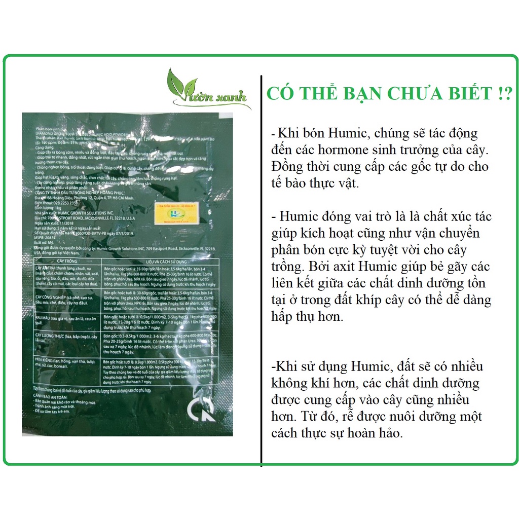 Phân bón SINH HỌC Humic Mỹ gói 20gr dùng kích rễ, cải tạo đất, Hiệu quả mạnh khi tưới cây con, cây còi cọc