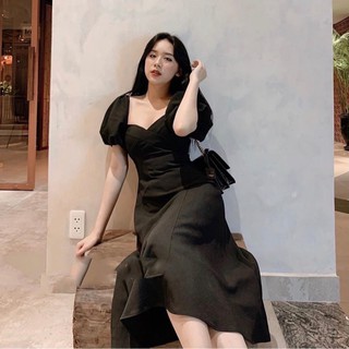 ĐẦM MIDI ĐEN CỔ TIM TAY BỒNG