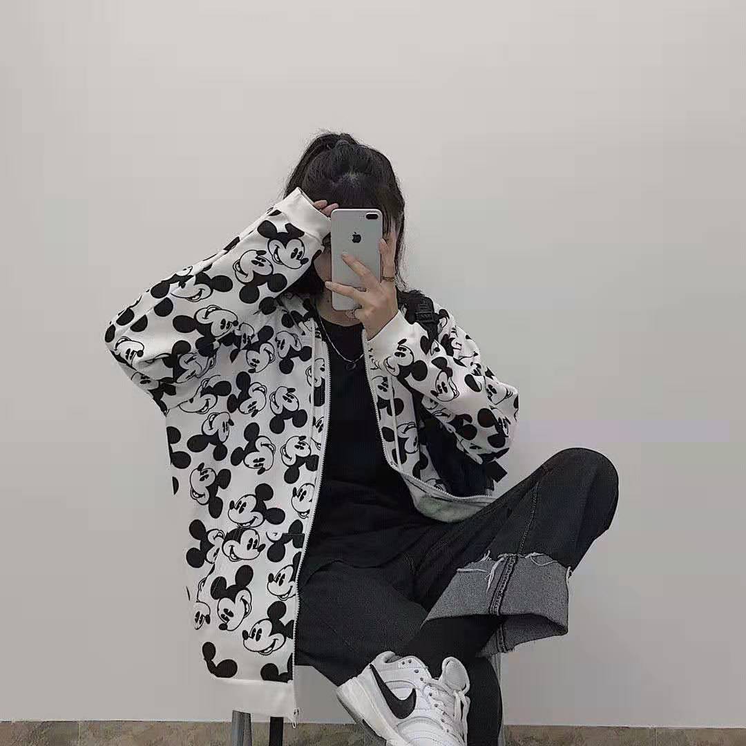 Áo hoodie dài tay in hình chuột mickey có khóa kéo thiết kế đáng yêu cho nữ size s- 2xl