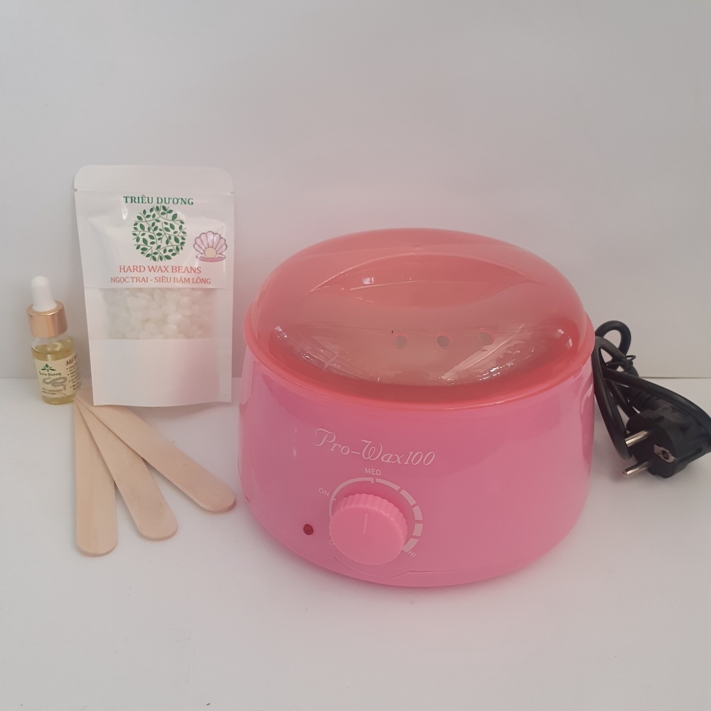 set wax lông đầy đủ:1 nồi prowax 100 + 1 gói sáp mini 50g hương thơm  + 1 chén chống dính + 1 mỡ trăn 10ml +1 phấn 100gr