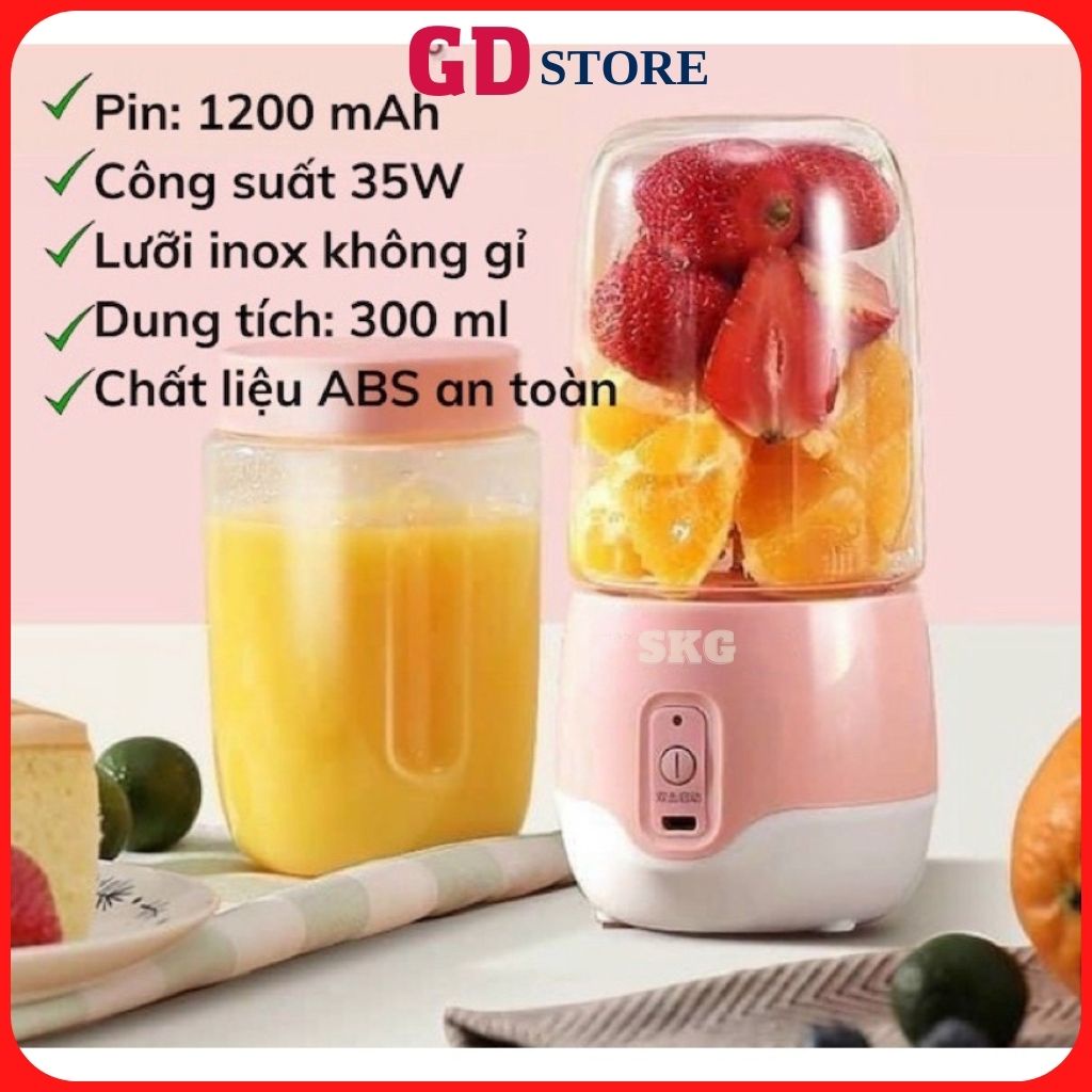 Máy xay sinh tố mini SKG, máy xay sinh tố cầm tay mini 300ml sạc pin công xuất 35W màu hồng xanh