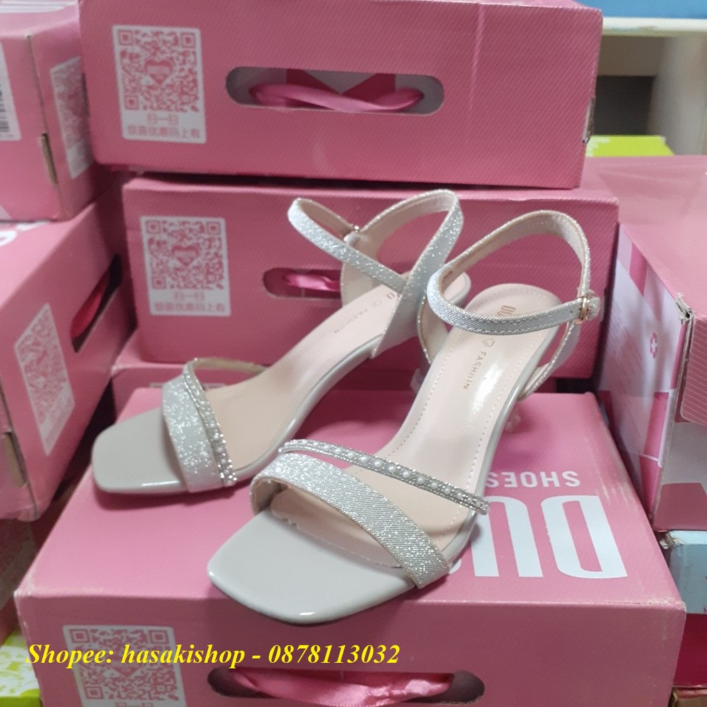 Sandal Dusto chất da ánh kim, gót nhọn 7cm