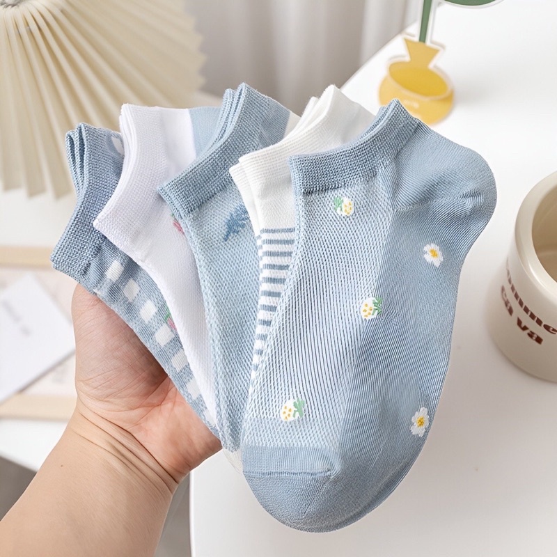 Set 5 đôi tất dâu xanh nữ,  vớ trắng xanh cotton thấm hút tốt