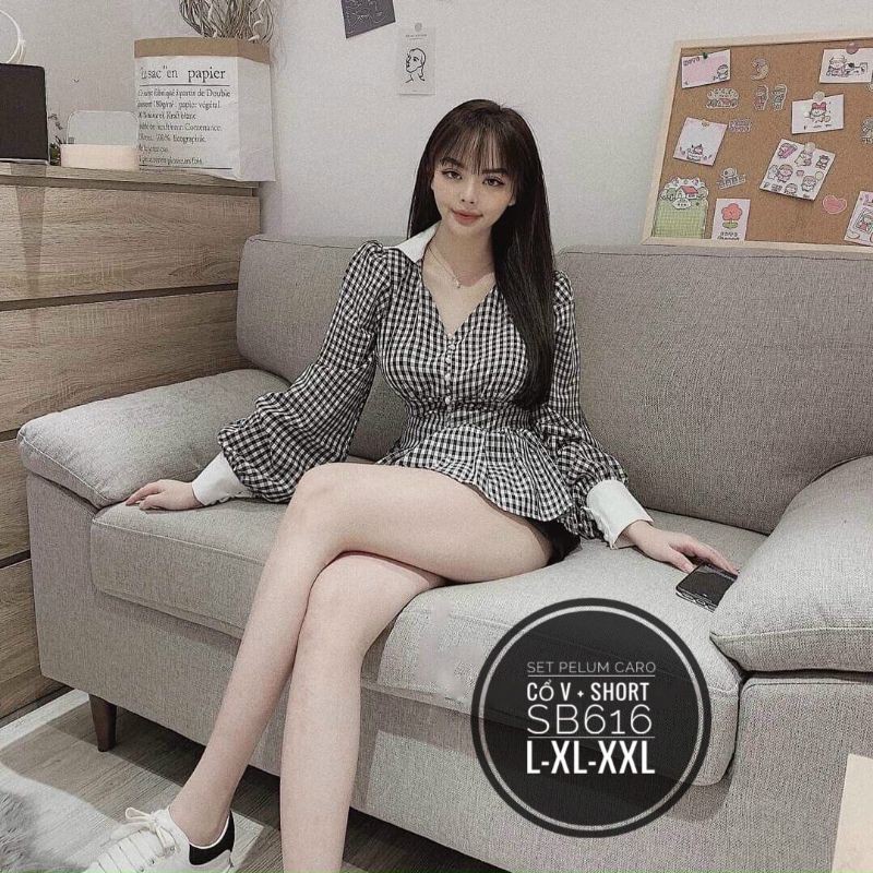 Bigsize SET PEPLUM CARO CỔ V + SHORT SB616
