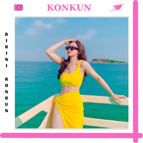 Đồ Bơi Đi Biển Hai Mảnh Set 3 Món Lệch Vai Kèm Khăn Quấn KONKUN MS61
