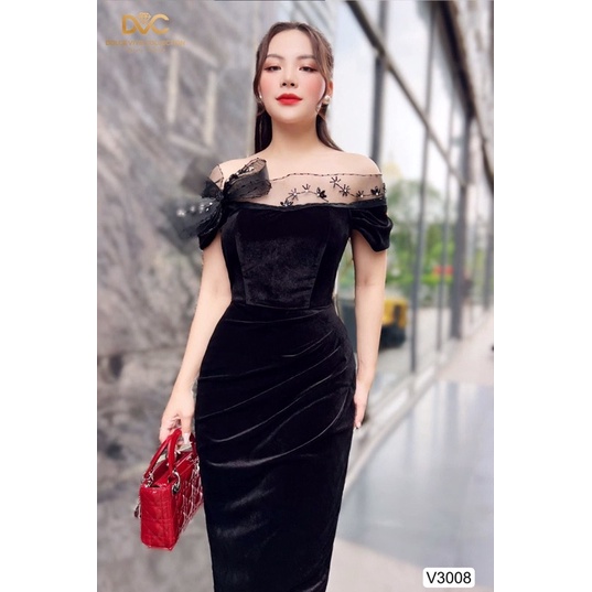 V3008 váy body trễ vai nhung đen