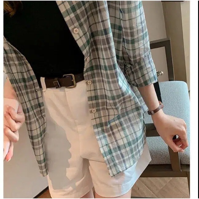 Áo Sơ Mi Nữ Dáng Rộng Họa Tiết Caro Phong Cách Retro Mới