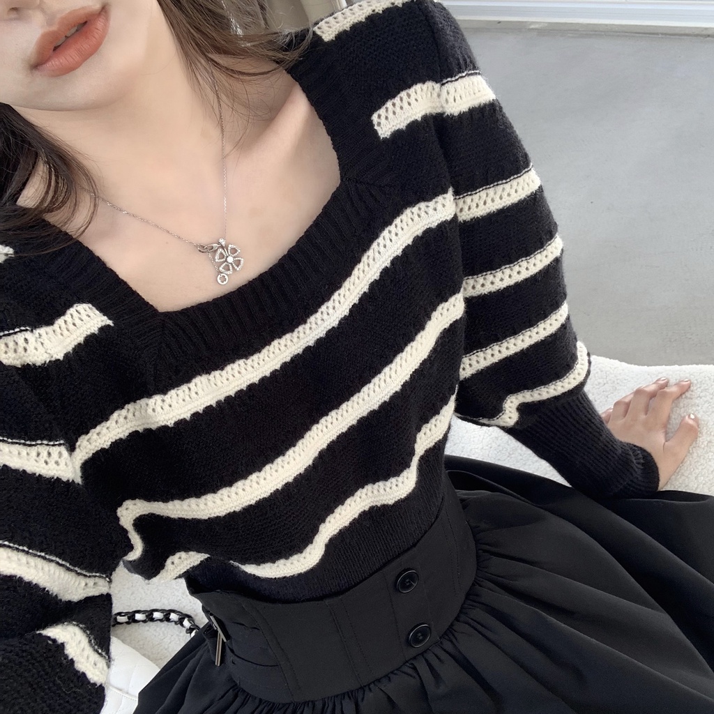 Áo kiểu ZHELIHANGFEI dệt kim cổ vuông tay dài phồng họa tiết kẻ sọc thời trang xinh xắn dành cho nữ