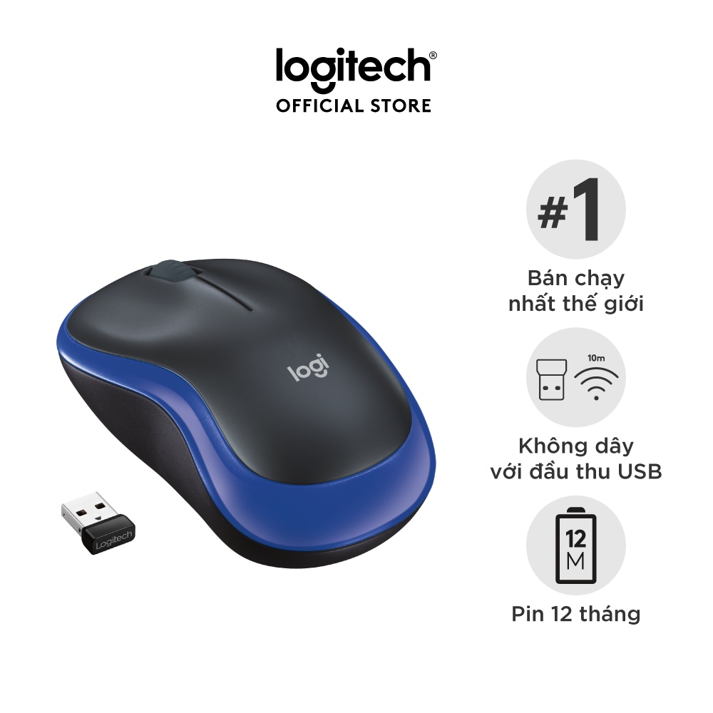 Chuột không dây Logitech M185 - USB, nhỏ gọn, pin 1 năm, thuận cả 2 tay, phù hợp PC/Laptop