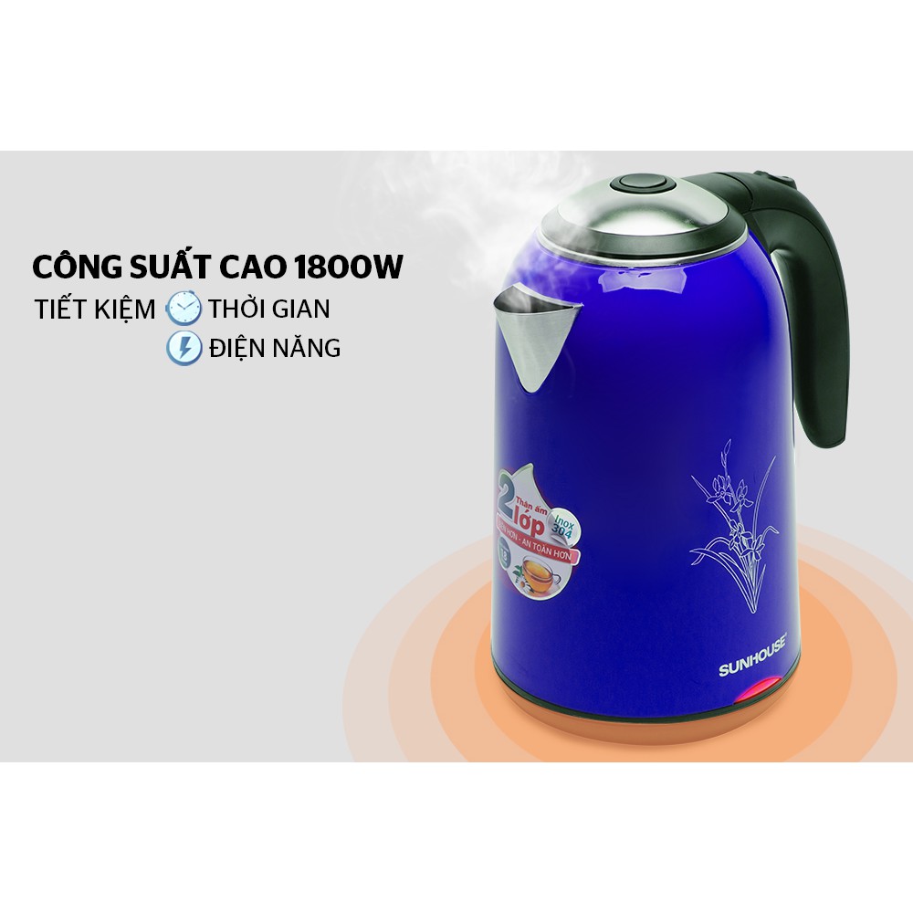 Ấm siêu tốc inox 2 lớp vỏ nhựa cách nhiệt 1.7lit Sunhouse SHD1382B - màu xanh