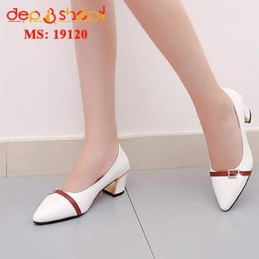 Giày cao gót big size gót vuông 5 phân quai bít mũi quai phối dây khóa MS 504 HOT