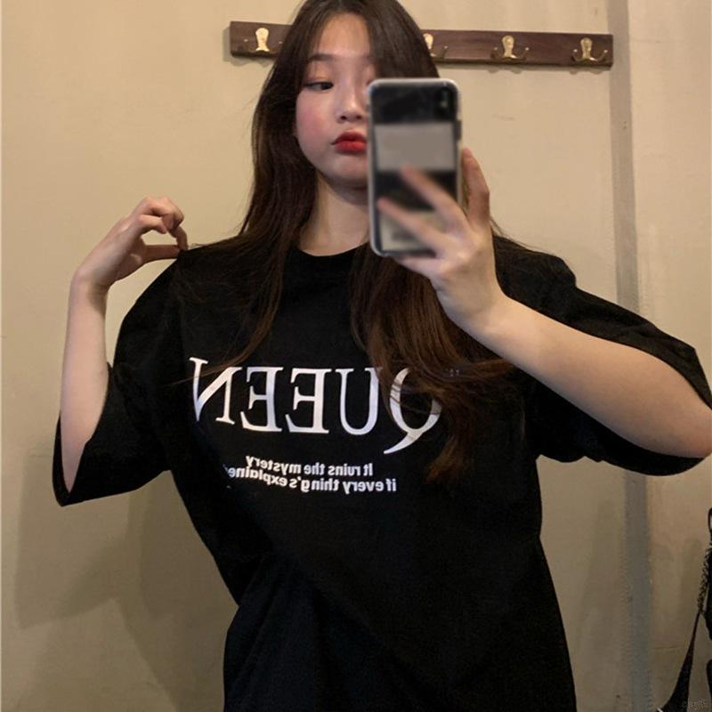 Áo thun tay ngắn dáng rộng in chữ phong cách Hàn Quốc thời trang cho nữ