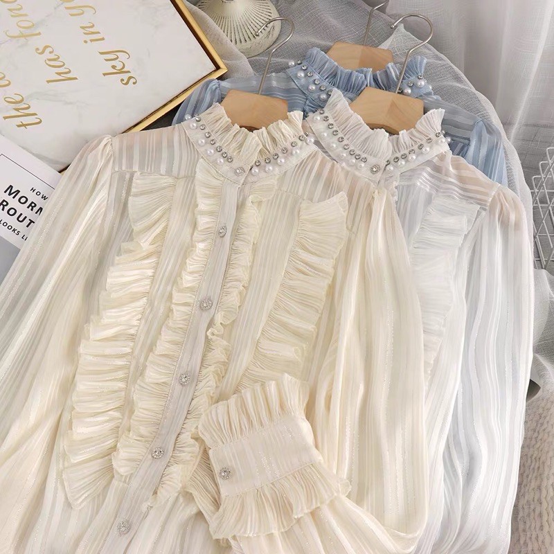 [HÀNG ORDER] Áo sơ mi voan organza cổ tròn bèo đính ngọc tiểu thư Quảng Châu