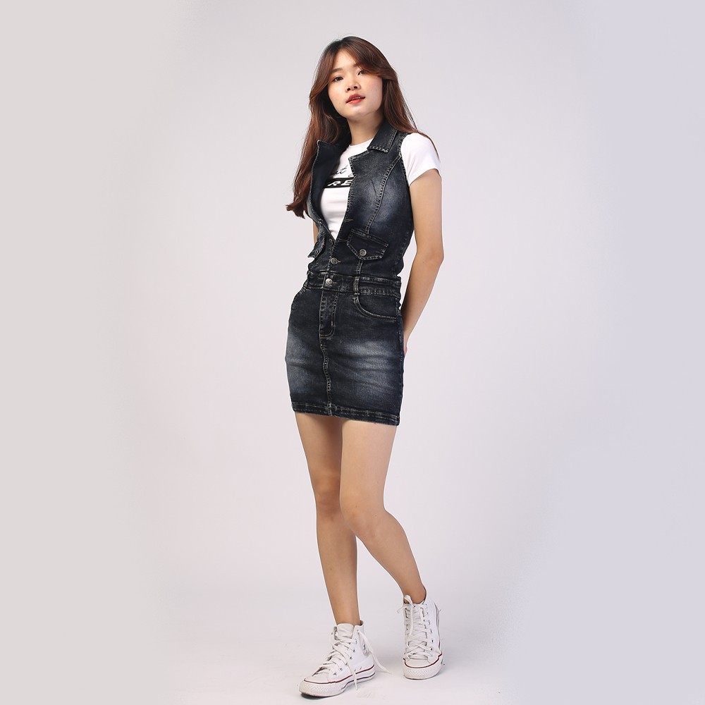 Chân váy liền áo jean HANOIJEAN - Chân váy ngắn màu xanh xám co giãn chân váy bò VAY007 | BigBuy360 - bigbuy360.vn