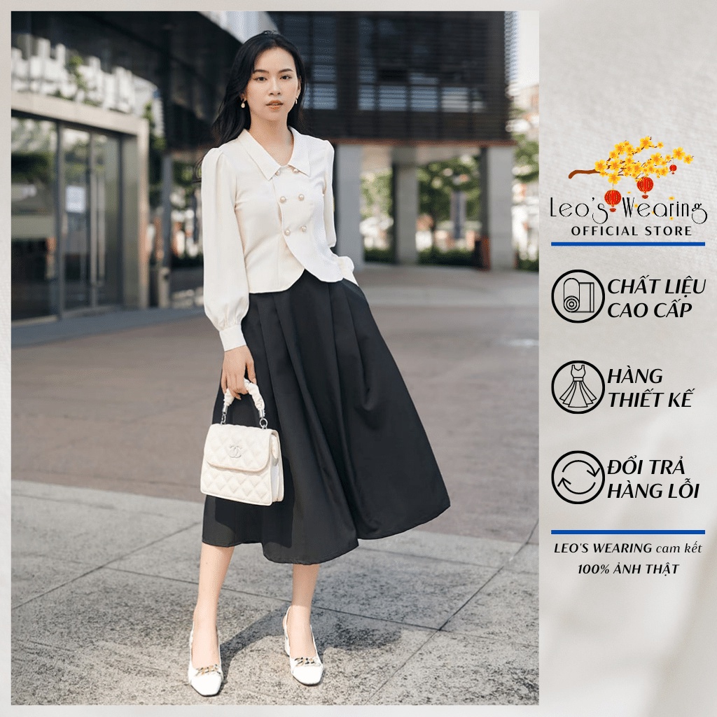 Set váy công sở LEOSWEARING chân váy xòe có túi mix áo sơ mi tay dài tiểu thư đầm dự tiệc văn phòng thanh lịch D26