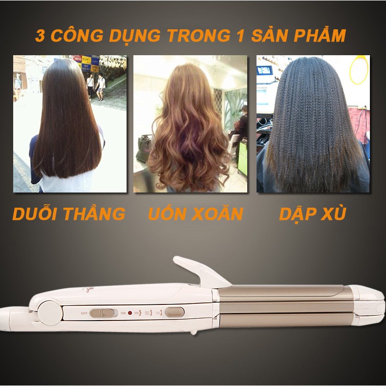 Máy Làm Tóc 3 in 1 - Máy Duỗi/Uốn/Dập Xù Tóc Đa Năng Tiện Lợi Chính hãng Kemei