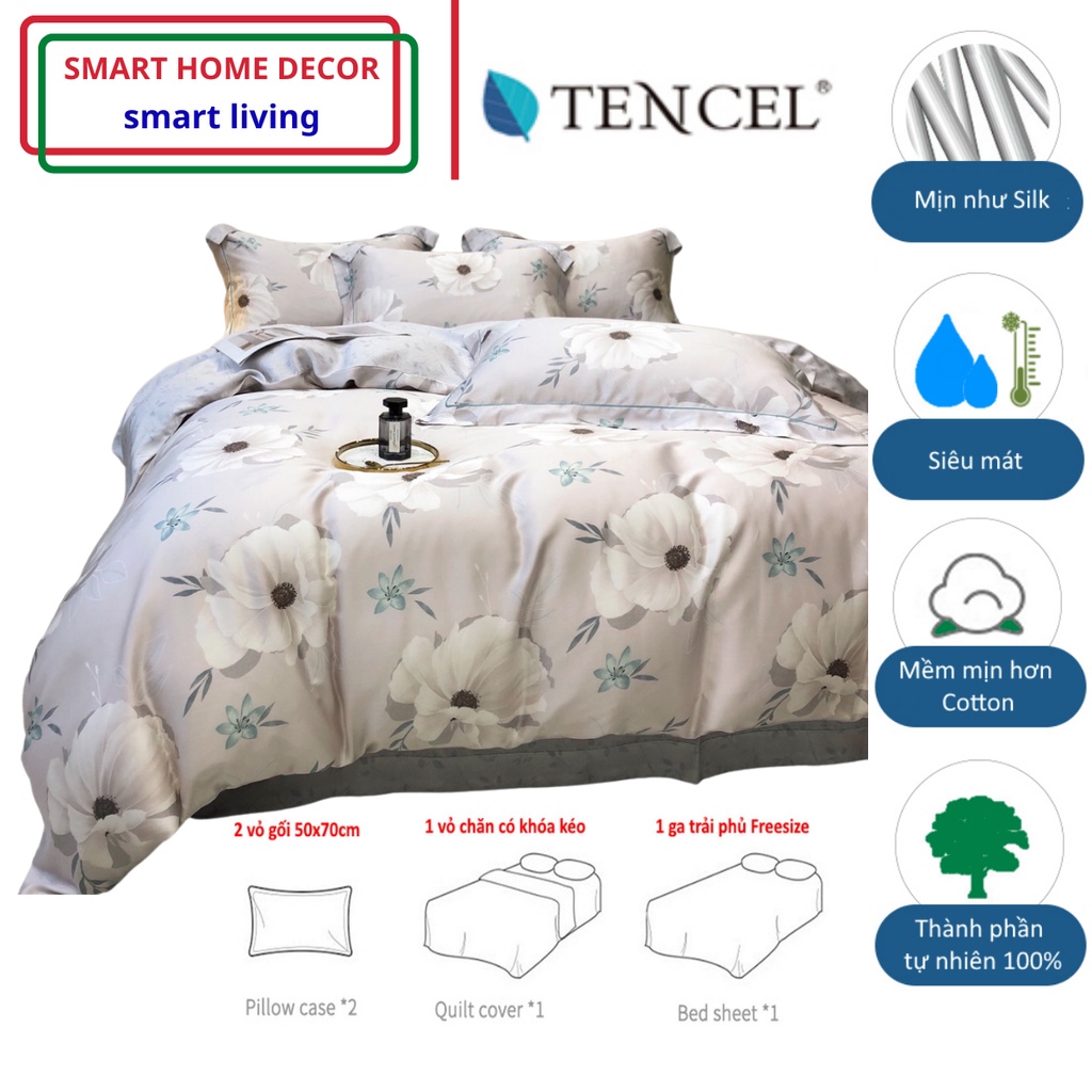 Bộ chăn ga gối 5 món 100%Tencel 60s Họa tiết hoa anh đào in kỹ thuật số cỡ lớn, chất liệu siêu mềm mát mịn