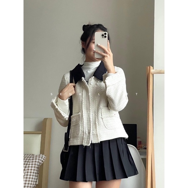 Áo dạ tweed cổ nơ tiểu thư có thể tháo rời (Hình thật / Video) | BigBuy360 - bigbuy360.vn