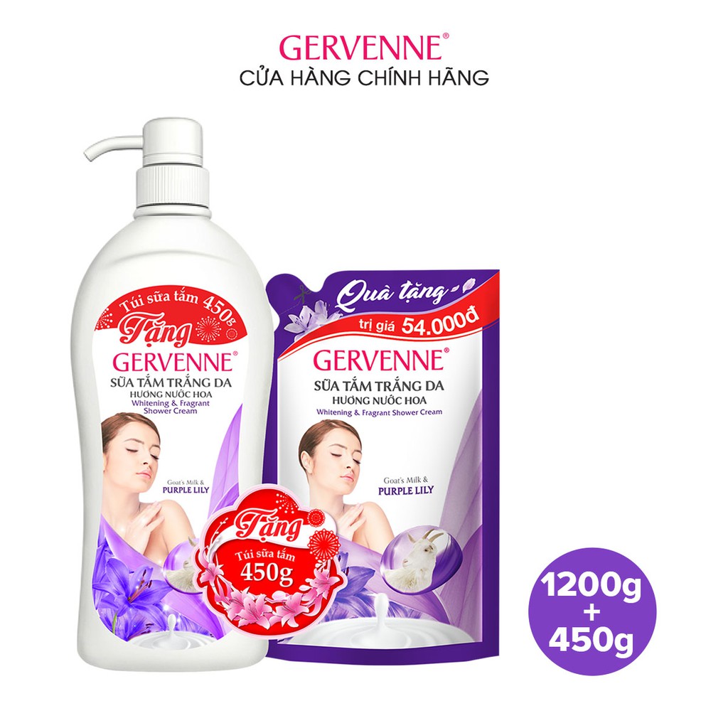 Sữa tắm trắng da Gervenne Việt Quất và Lan Nam Phi 1.2L + Túi sữa tắm 450gr (Mùi ngẫu nhiên)