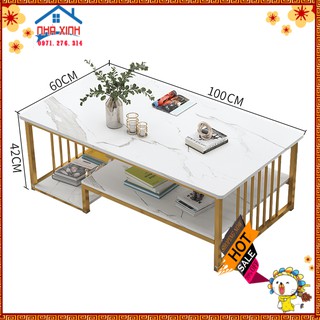 Bàn Trà sofa phòng khách, Bàn Sofa Gỗ Trắng Hoa Văn Đá Cẩm Thạch Hiện Đại, 2 tầng sang trọng bền đẹp KT:100x60x42Cm