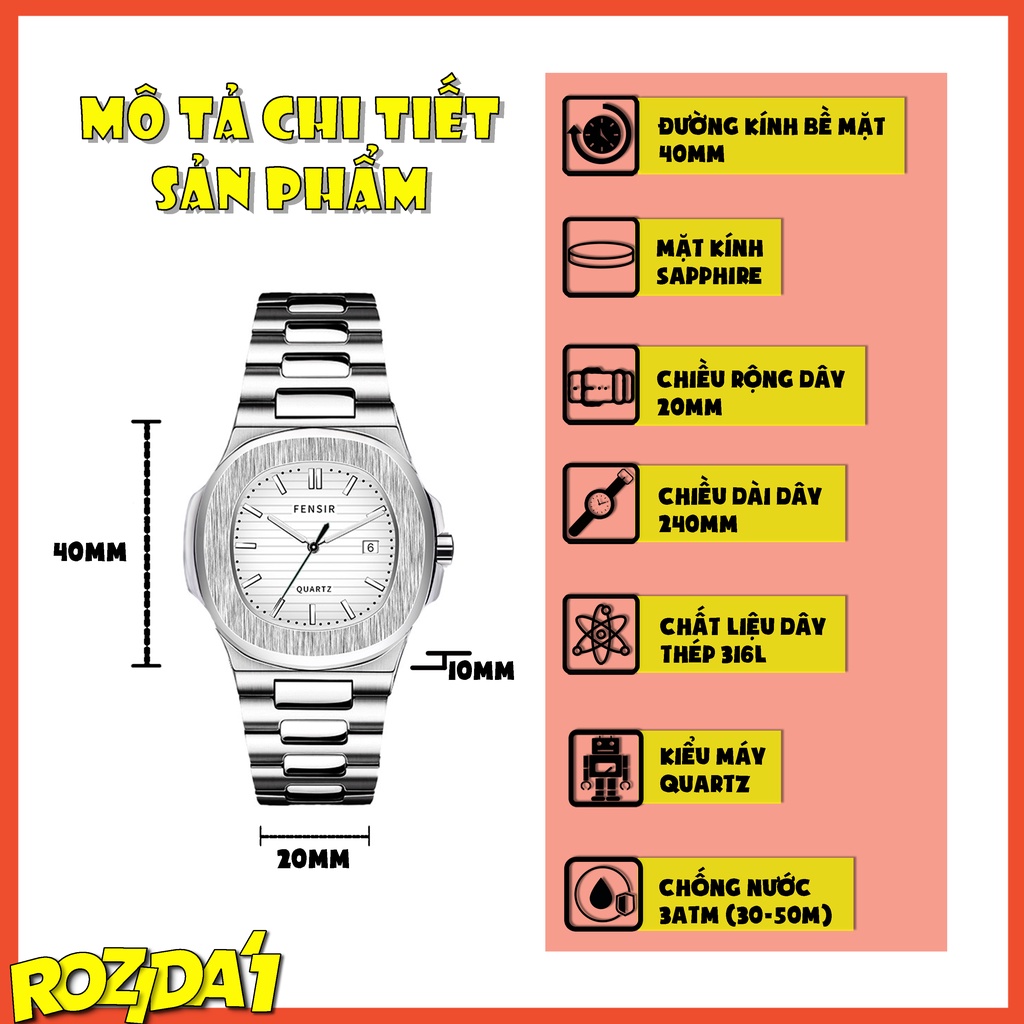 Đồng hồ nam chính hãng đẹp dây thép mặt vuông thời trang cao cấp chống nước giá rẻ ROZIDA DH17 | BigBuy360 - bigbuy360.vn