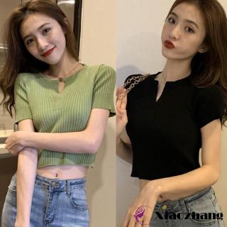 Áo Thun Dệt Kim Ngắn Tay Cổ Chữ V Màu Trơn Thiết Kế Đơn Giản Thời Trang Dành Cho Nữ