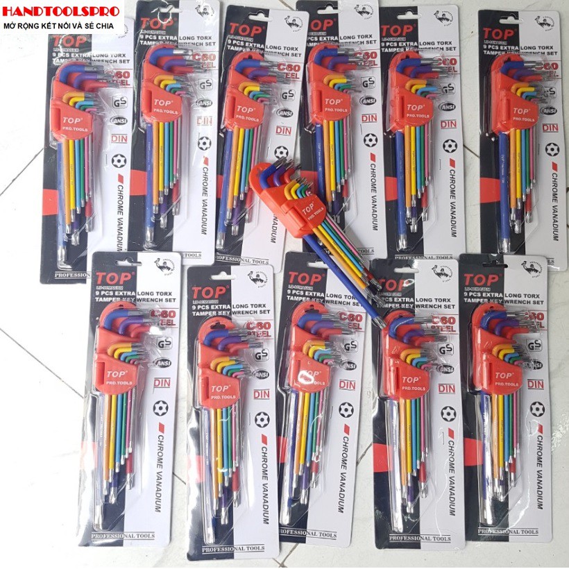 Bộ lục giác bông mai có lỗ 9 món dài thép C60 ( nhiều màu sắc) T10-T50 TOP LU-9CMAUBM