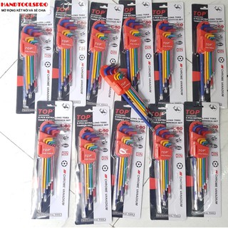 Bộ lục giác bông mai có lỗ 9 món dài thép C60 ( nhiều màu sắc) T10-T50 TOP LU-9CMAUBM