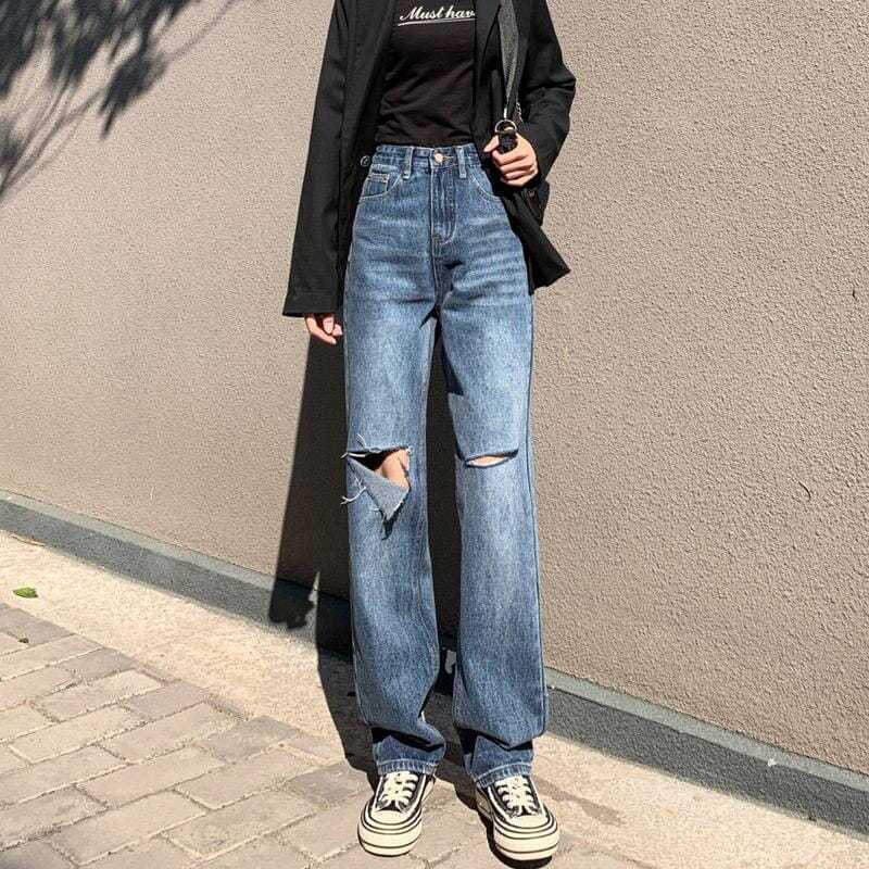Jiashucheng Quần Jean Nữ Ống Rộng Lưng Cao Rách Gối Cá Tính