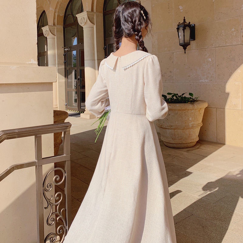 Đầm Trắng Dài Tay Chiết Eo Phong Cách Retro Pháp Thanh Lịch Cho Nữ