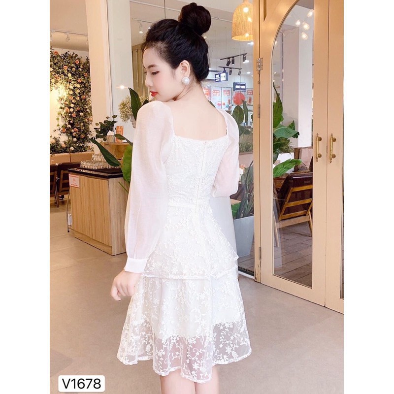 Đầm dáng xòe 👗 Đẹp DVC 💕 Đầm xòe tầng dự tiệc tay dài phối ren V1678