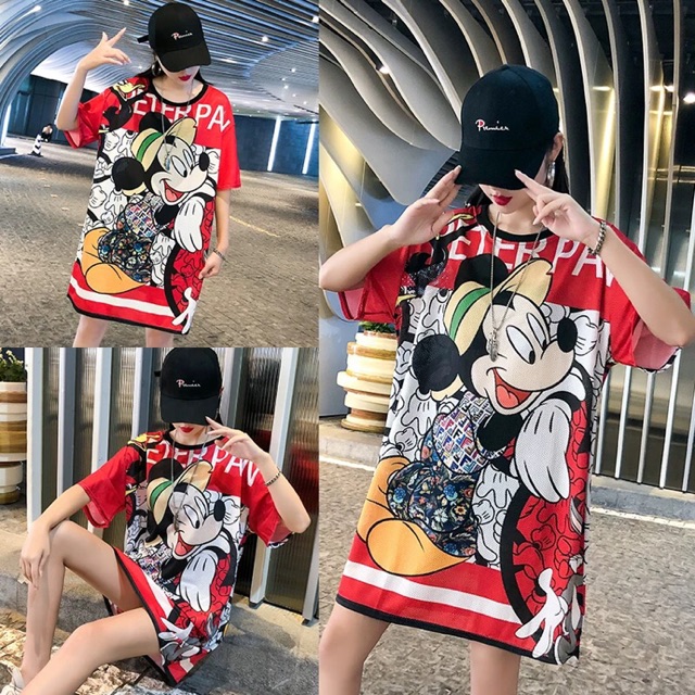 Có bigsize Áo dáng dấu quần - Đầm suông mickey có lỗ thông khí, ullzang, năng động